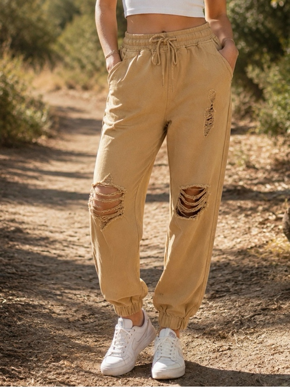 Forever 21 Women’s Medium Tan Distressed Jogger Pants Elastic Waist Cotton